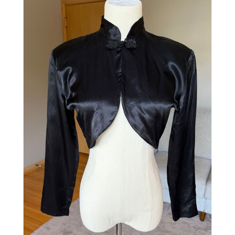 VTG Black Cropped Satin High Neck Mandarin Collar Frog Closure Bolero Size M